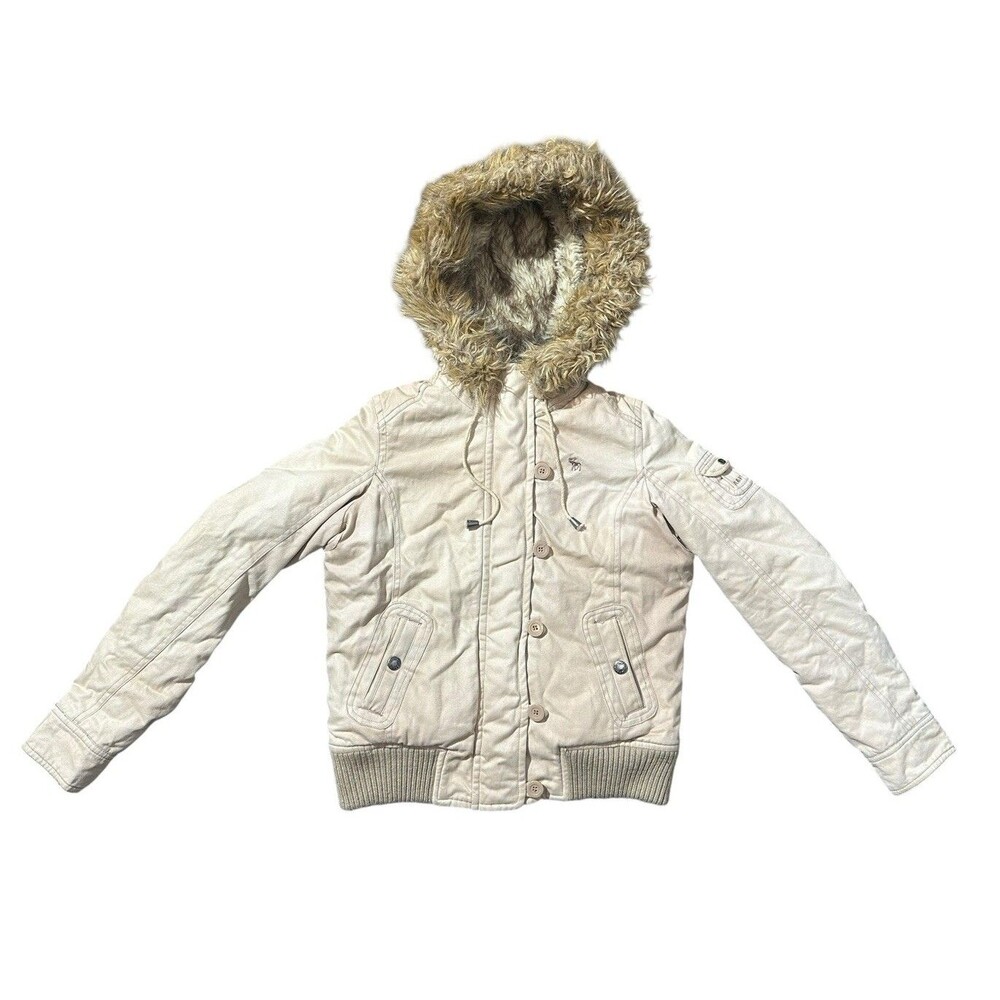 Y2K Abercrombie & Fitch Beige Jacket Fur Hood Sherpa Line Full Zip S Double Zip